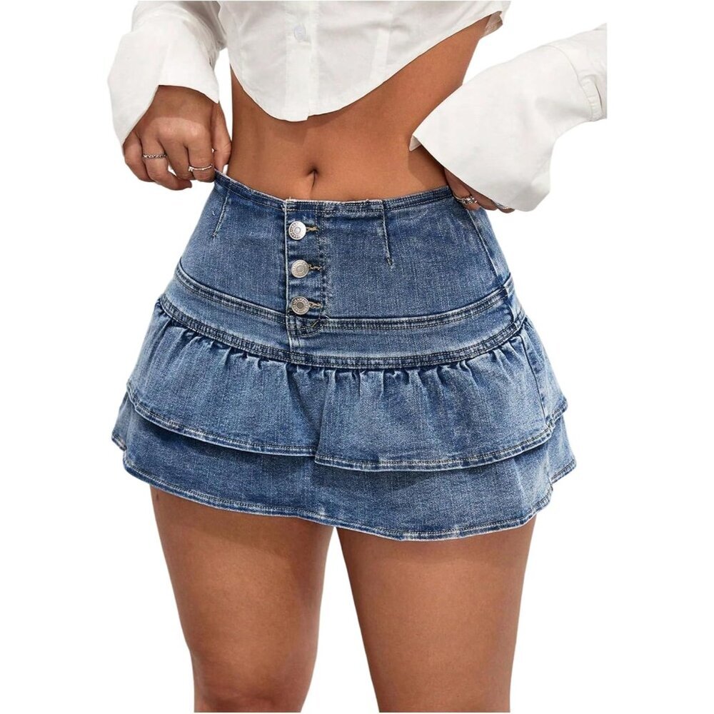 Women's Denim Short Skirt High Waist Ruffle Hem Mini A Line Casual